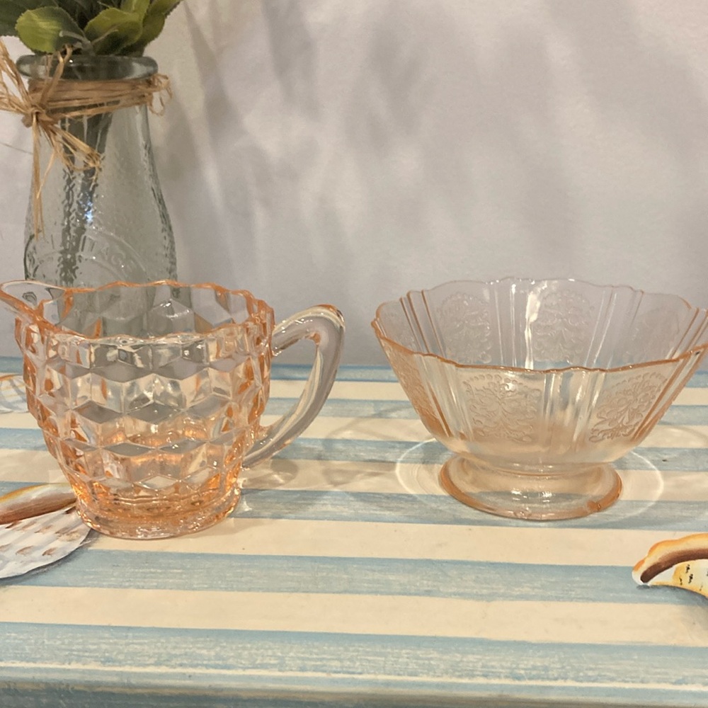 Vintage Pink Depression Glass Creamer and Dessert Bowl